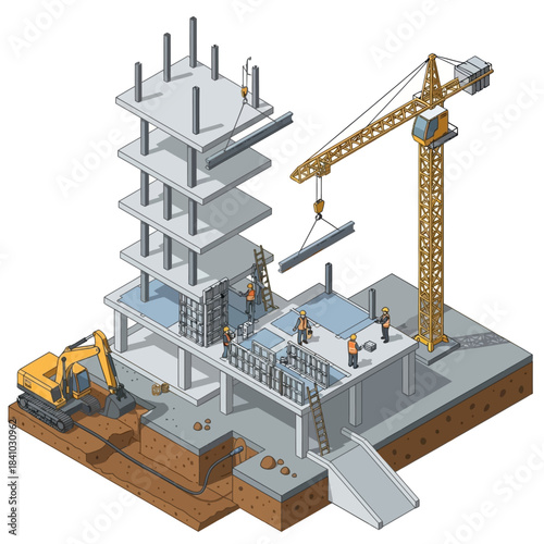 Isometric illustration of a multi-story building construction site with crane, excavator, and workers actively engaged in the building process.