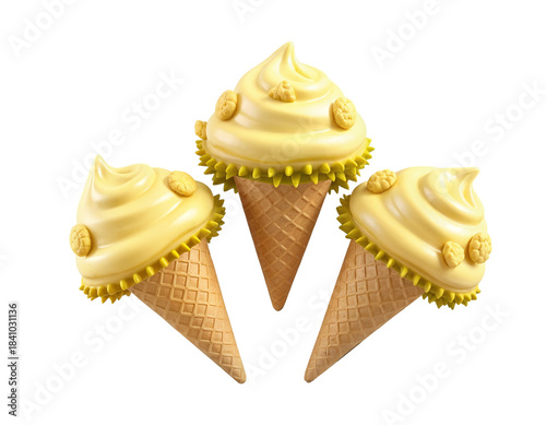 Three Delicious Vanilla Ice Cream Cones with Cookie Toppings