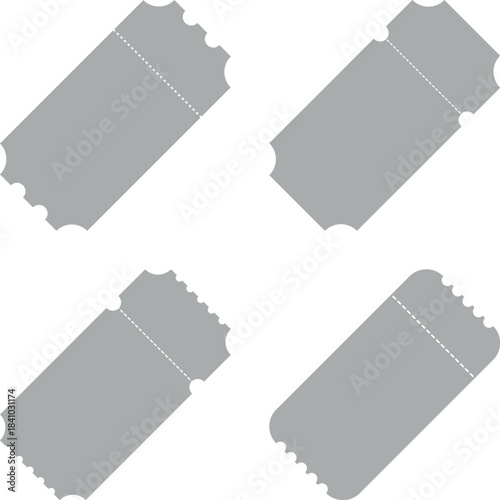 Four gray ticket stubs arranged on a white background representing events and entertainment