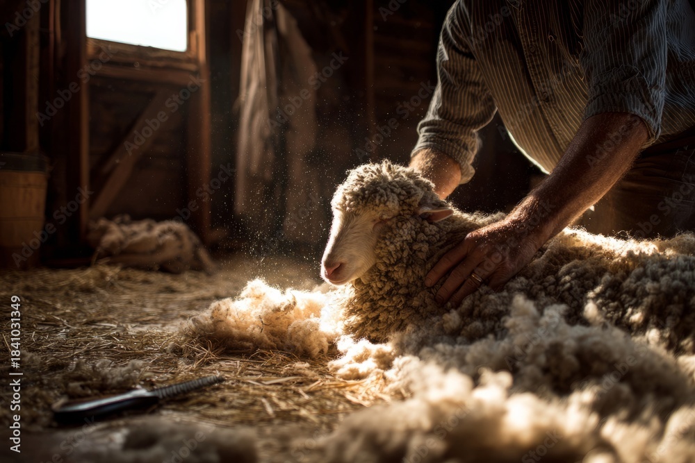 Naklejka premium Farmer shearing sheep for wool in a rustic barn