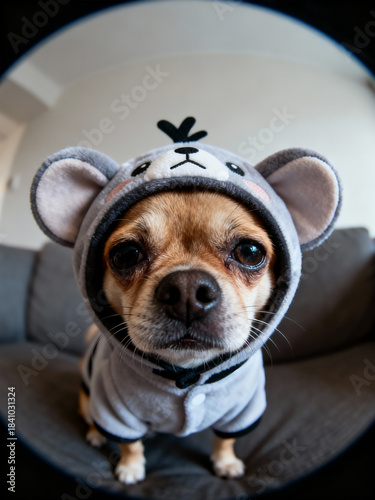 Sad Dog in Cute Clothes with Low Saturation Look