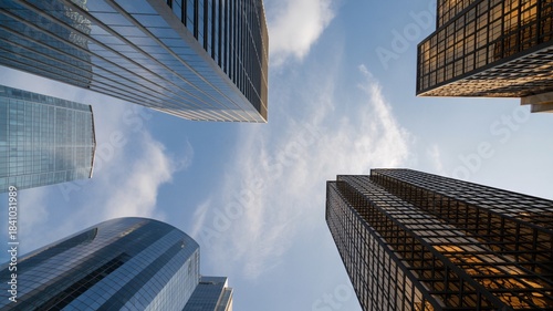 Modern skyscraper city skyline view from below urban architecture glass office buildings against blue sky