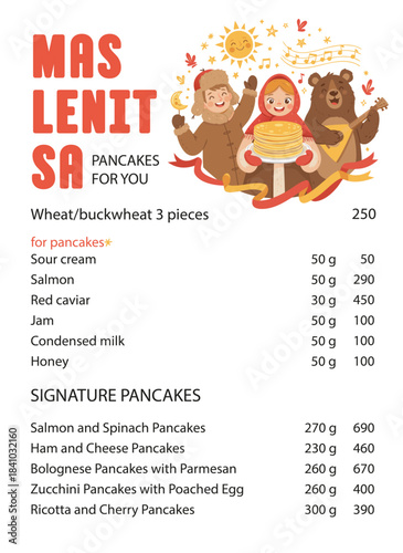 Maslenitsa menu vector template with cute folk characters, traditional Russian pancakes illustration for cafe menu, festival poster and holiday design