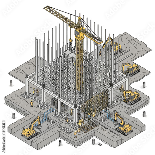Isometric view of a large building construction site with crane, excavators, rebar, and workers.