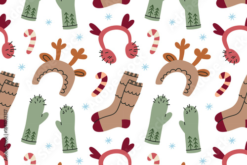 Flat cartoon vector illustration, cozy winter pattern with wool socks, mittens, reindeer headbands, candy canes and snowflakes, festive holiday mood, seamless design for Christmas decor