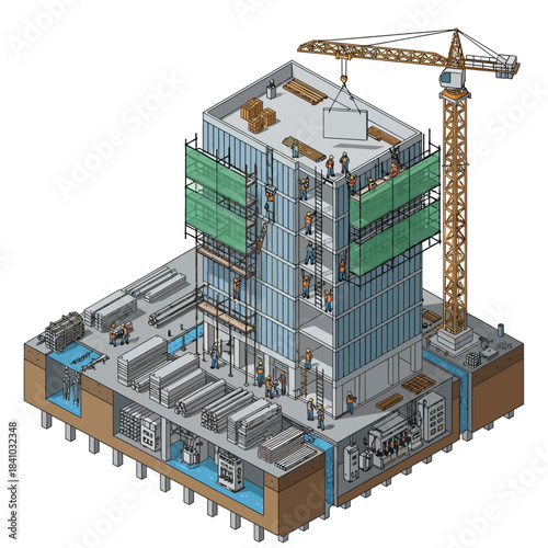 Detailed isometric cross-section of a multi-story building under construction with crane and workers.