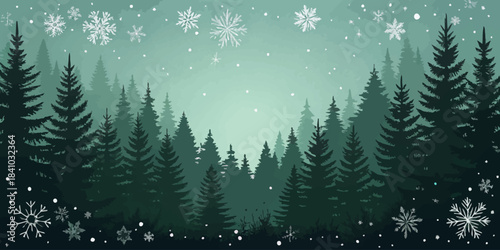 A dark forest-green Christmas vector with smooth fading tones, pine branches, soft snow accents, ornaments, and cozy festive details in a modern winter style.