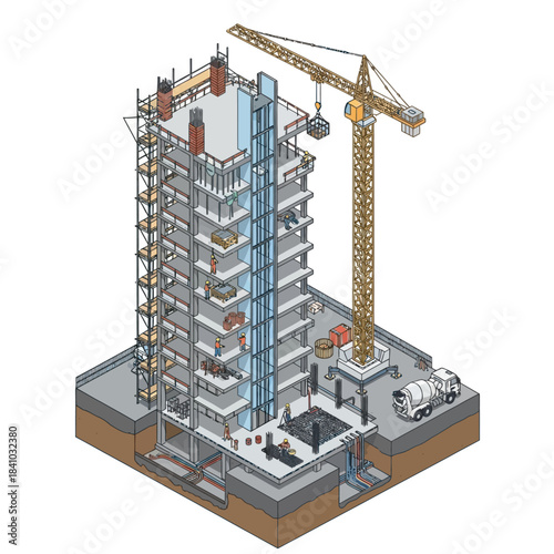 Isometric cross-section of a multi-story building under construction with a crane and concrete mixer.