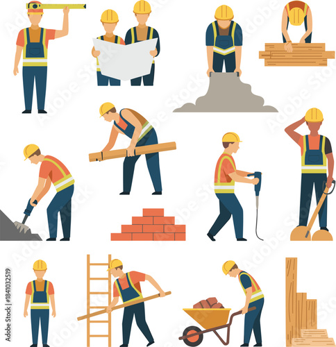 Construction workers performing various tasks, builder cartoon illustration set, laborers with tools, engineering teamwork, industrial jobs, occupational safety artwork design