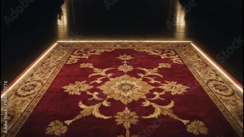 Elegant red carpet with intricate floral patterns illuminated by soft lighting in a darkened room