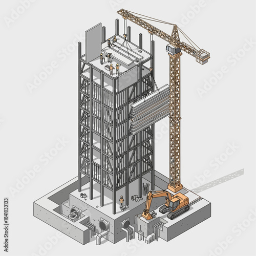Isometric illustration of a multi-story building under construction with a tower crane and workers.