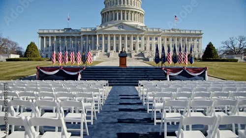 Empty chairs set up for a formal event at the Capitol building, flags displayed, clear blue sky