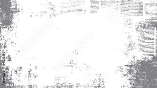 Faded grey textured newspaper print with scattered text fragments and distressed grunge overlay on white background