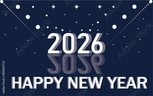 Happy New Year 2026 text inside gold Christmas ball with snowflakes and falling glitter on dark blue background for greeting card