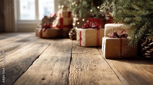 Wooden floor with half wrapped gifts ribbon curls and pine branches morning sunlight casting long shadows textures of