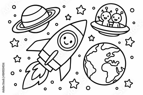 Children's coloring book — Cartoon spaceship flying past planets and aliens in outer space  
