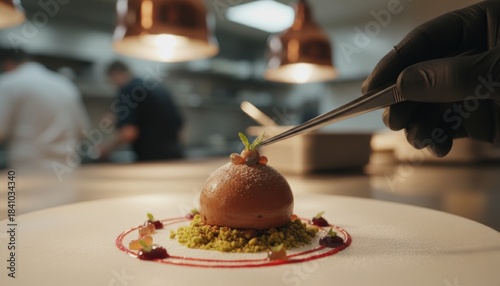 Gourmet chocolate mousse sphere dessert being garnished with mint and berry pearls by a chef using tweezers on a white plate in a professional kitchen setting