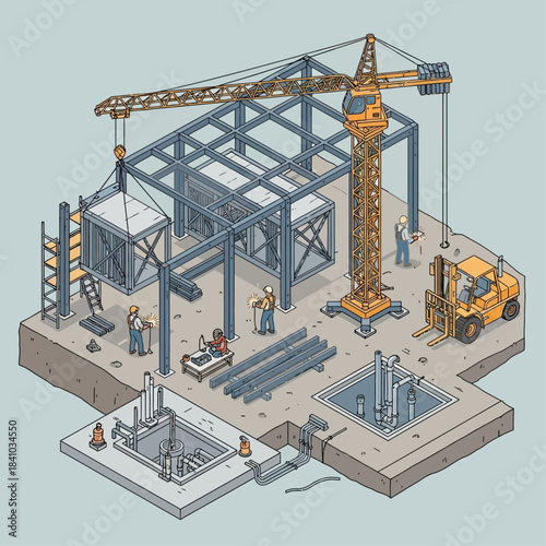 Isometric view of a construction site with a large crane, workers, and a steel frame building under construction, showing foundations and materials.