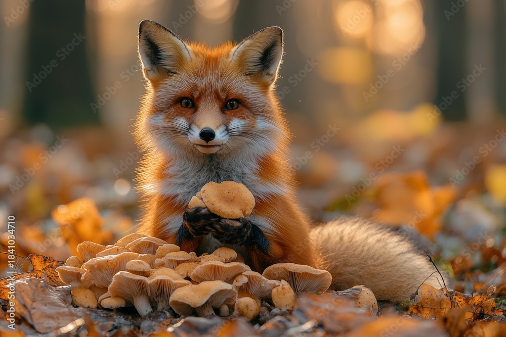 Obraz premium A vibrant red fox sits calmly amidst a colorful autumn landscape filled with mushrooms and fallen leaves. The scene evokes a sense of tranquility and natural beauty.