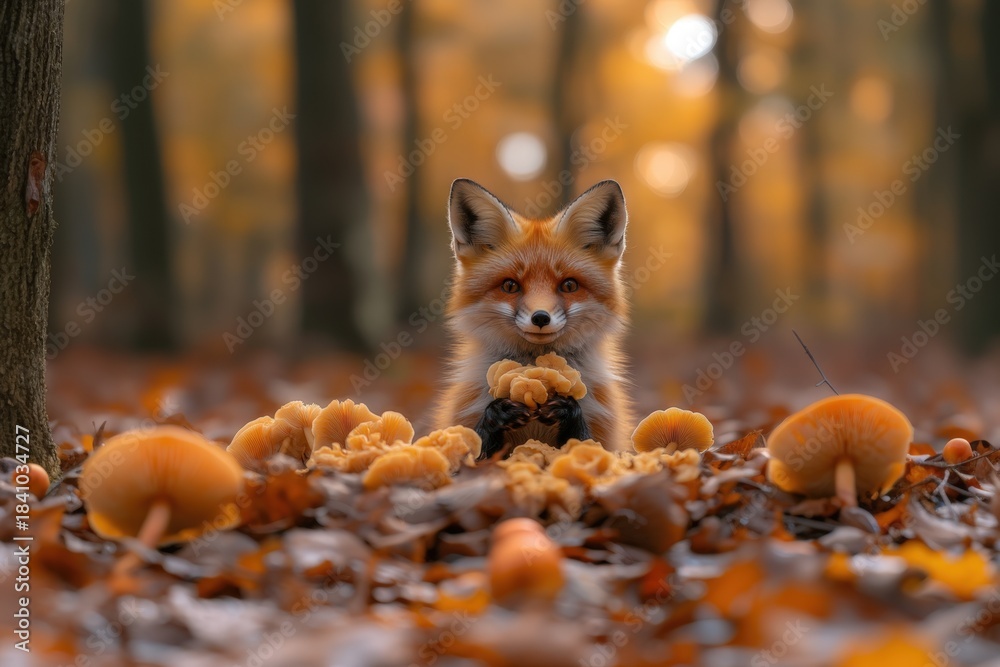 Obraz premium A vibrant red fox rests peacefully in a woodland clearing, enveloped by a rich carpet of autumn leaves and colorful mushrooms. A serene wildlife scene.