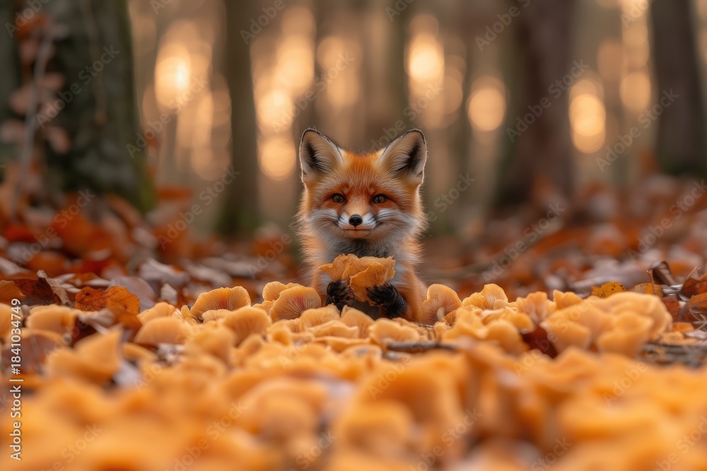 Obraz premium A vibrant red fox cautiously emerges from a colorful bed of fallen autumn leaves within a dense forest setting. The image captures a moment of quiet observation and the beauty of the fall season.