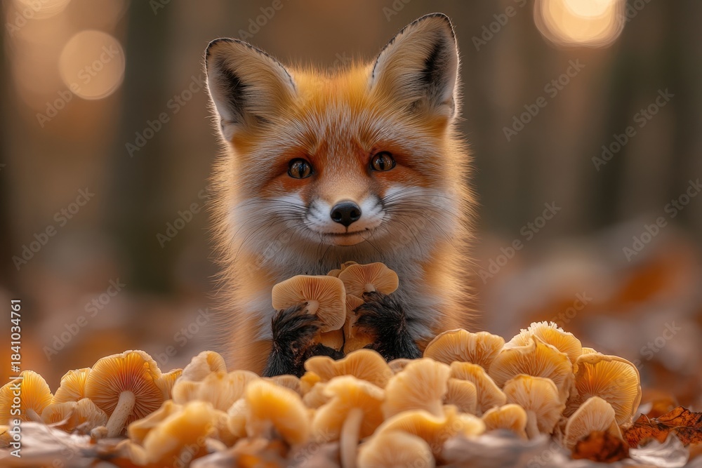 Obraz premium A red fox cautiously emerges from behind a cluster of vibrant mushrooms amidst a rich carpet of fallen autumn leaves. A serene and natural scene.