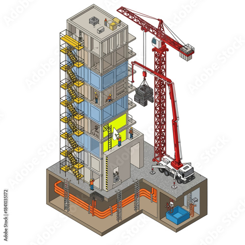 Detailed isometric illustration of a multi-story building under construction, showcasing various stages, equipment like cranes and concrete pumps, and workers.
