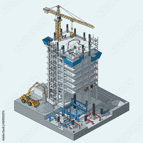 Detailed isometric view of a multi-story building under construction with a tower crane, showing structural elements and underground utilities.