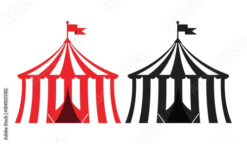 a minimalist illustration depicts two circus tents one vividly red and white striped the other black and white both topped with flags evoking a festive