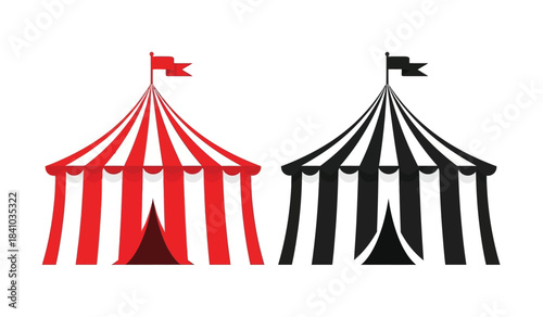 a graphic depiction of two circus tents one rendered in vibrant red and white stripes and the other in black and white standing side by