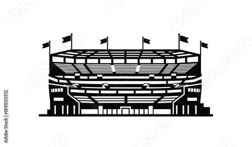 a detailed black and white illustration showcases a large sports stadium complete with tiered seating flags waving and architectural features symbolizing competition high quality professional