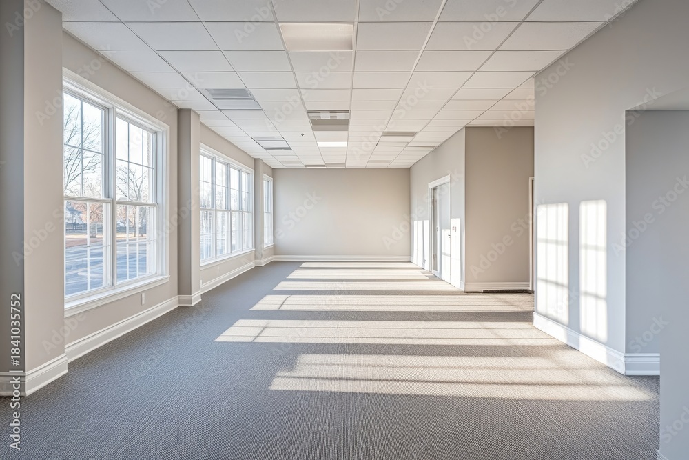 Fototapeta premium White open space office interior with a mockup wall, offering flexibility for design presentations and creative workspaces, Generative AI