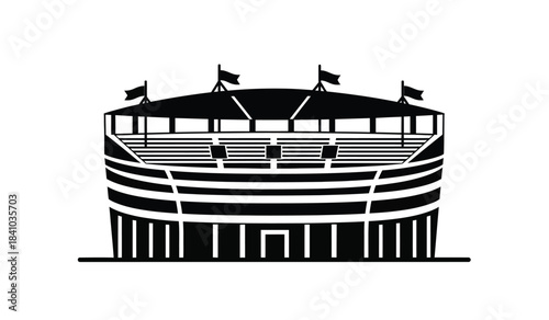 a simplified black and white illustration depicts a large stadium structure with multiple tiers of seating and flags waving atop it high quality professional detailed