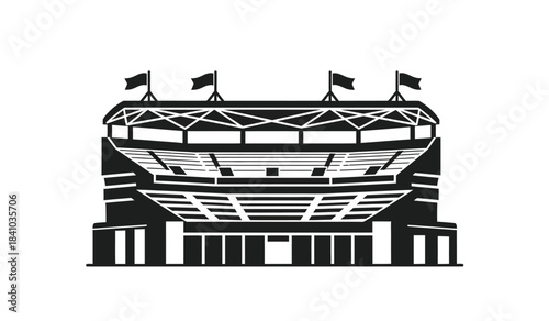 A strikingly detailed monochrome illustration showcases a large stadium structure with multiple tiers flags and architectural details evoking a sense of grandeur and sporting events