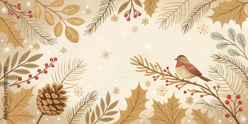 Christmas Warm-tone Christmas vector illustration with gentle falling snow, glowing lights, and subtle festive motifs on a soft cream background, perfect for inviting holiday designs.