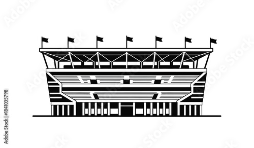 a detailed black and white illustration depicts a large stadium structure with multiple tiers of seating flags and architectural elements high quality professional modern elegant