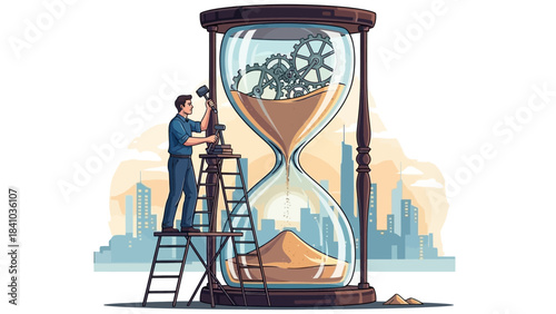A technician on a ladder repairs a giant hourglass containing sand and mechanical gears set against a city skyline, concept for efficiency improvement, project management and business productivity