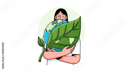 Environmental consultant passionately hugging planet Earth wrapped in a large green leaf graphic art, concept for corporate social responsibility, ecological conservation and global warming awareness