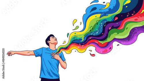 Illustration of man expressing freedom with colorful abstract music notes flowing out, concept for music events, creative passion and mental wellness