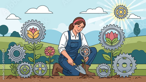 Female farmer planting seedling gear flowers in an illustrative outdoor mechanical garden landscape, concept for sustainable development, green technology and environmental innovation