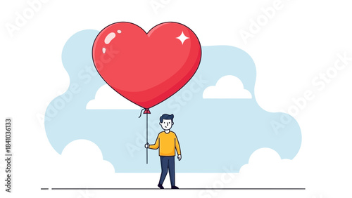 A cheerful man holds a gigantic red heart balloon floating against a background of blue sky and white clouds, concept for Valentine's celebration, dating application design and social media promotion