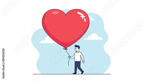 A young man walking and holding a giant red heart-shaped balloon against a light blue sky, concept for romance, dating apps and celebration
