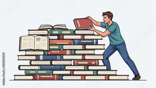 Young male student or associate stacking a massive pile of research books, symbolizing learning and hard work, concept for education promotion, university enrollment and knowledge development