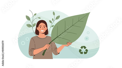 Smiling woman holds a huge green leaf next to a recycling symbol representing ecology and zero waste, concept for eco friendly campaigns, environmental awareness and corporate social responsibility