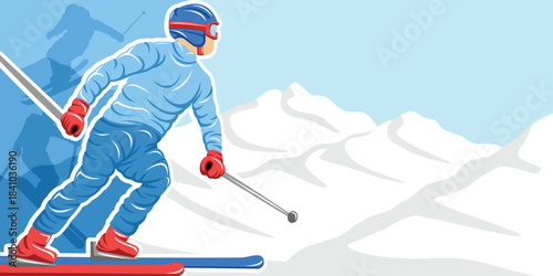 Ski Winter Snow Sport Athlete Person with White Mountain for Background