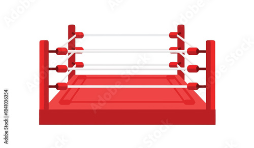this is a cartoon illustration of a red and white wrestling ring featuring ropes corner posts and a wooden platform for matches high quality professional