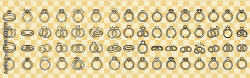Collection of various black ring icons on a yellow checkered background pattern
