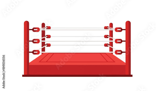 a cartoon illustration depicts a red and white wrestling ring featuring corner posts with rope supports and a flat red base showcasing a simple sports