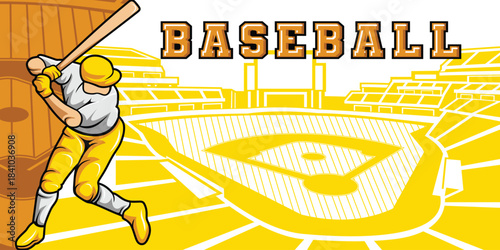 Baseball Template With Athlete Player and Playing Field Court Background Vector  Poster and Banner