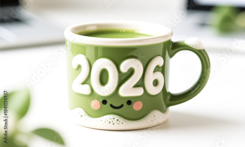 Cute ceramic matcha mug with foam art forming ‘2026’ adorable face  Generative AI